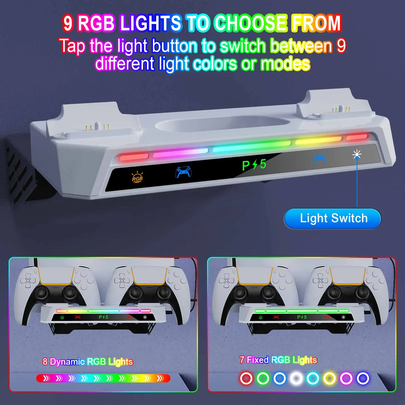 The wall mount is for PS5 Slim/Pro disc/digital edition, supports dual charging for 2 controllers, 15 light switch options/quick image 5