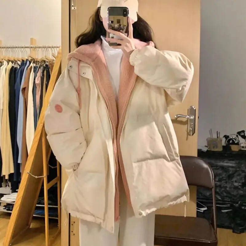 

Women's Fake Two Hooded Bread Cotton-Padded Jacket Thicken Korean Style Autumn Winter Girl's Student Warm Coat Puffer Jacket Top