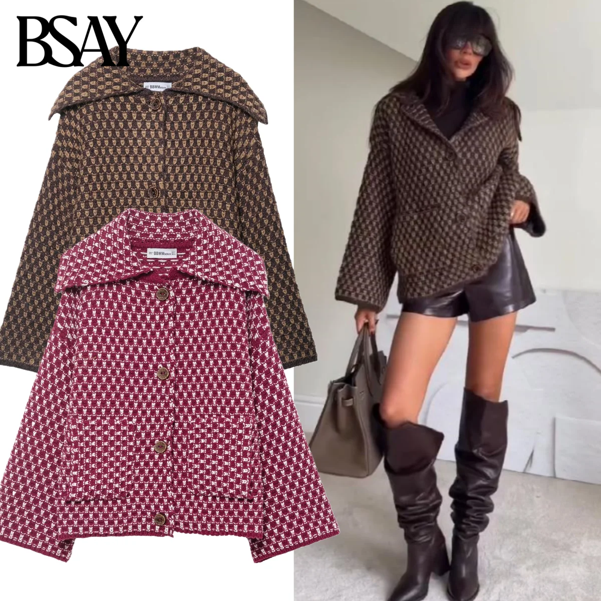 

BSAY Retro Knitted Cardigan Sweater Coat for Women Fashion Autumn Winter New Printing Long Sleeves Single Breasted Top Jacket