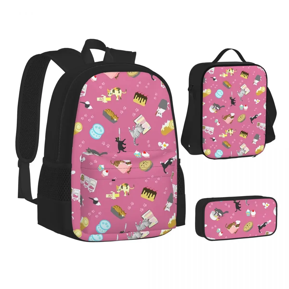 

Cats Baking Cakes And Other Sweets, In Pink Backpacks Students School Bags Kids Rucksack Lunch Bag Pen Bag Three-Piece Set