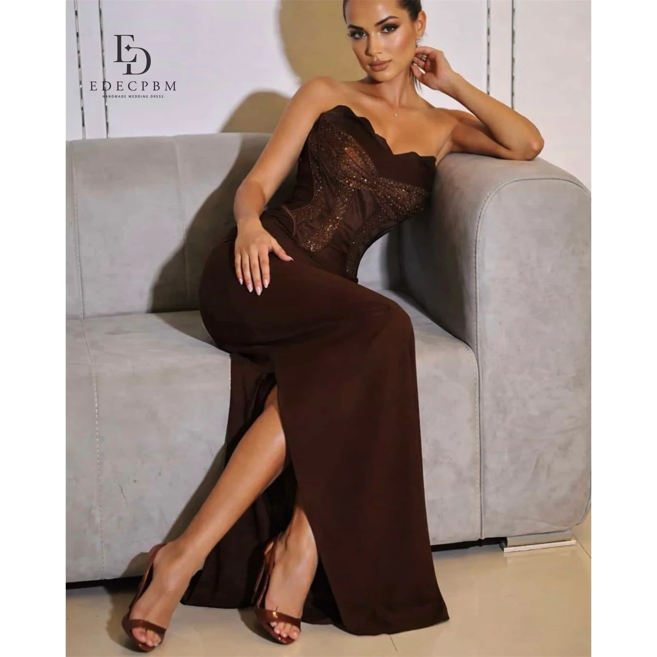

EDECPBM Satin One-Shoulder Brown Straight Evening Dress 2026 Prom Dress Formal Evening Robes de Soirée Women Elegant Banquet