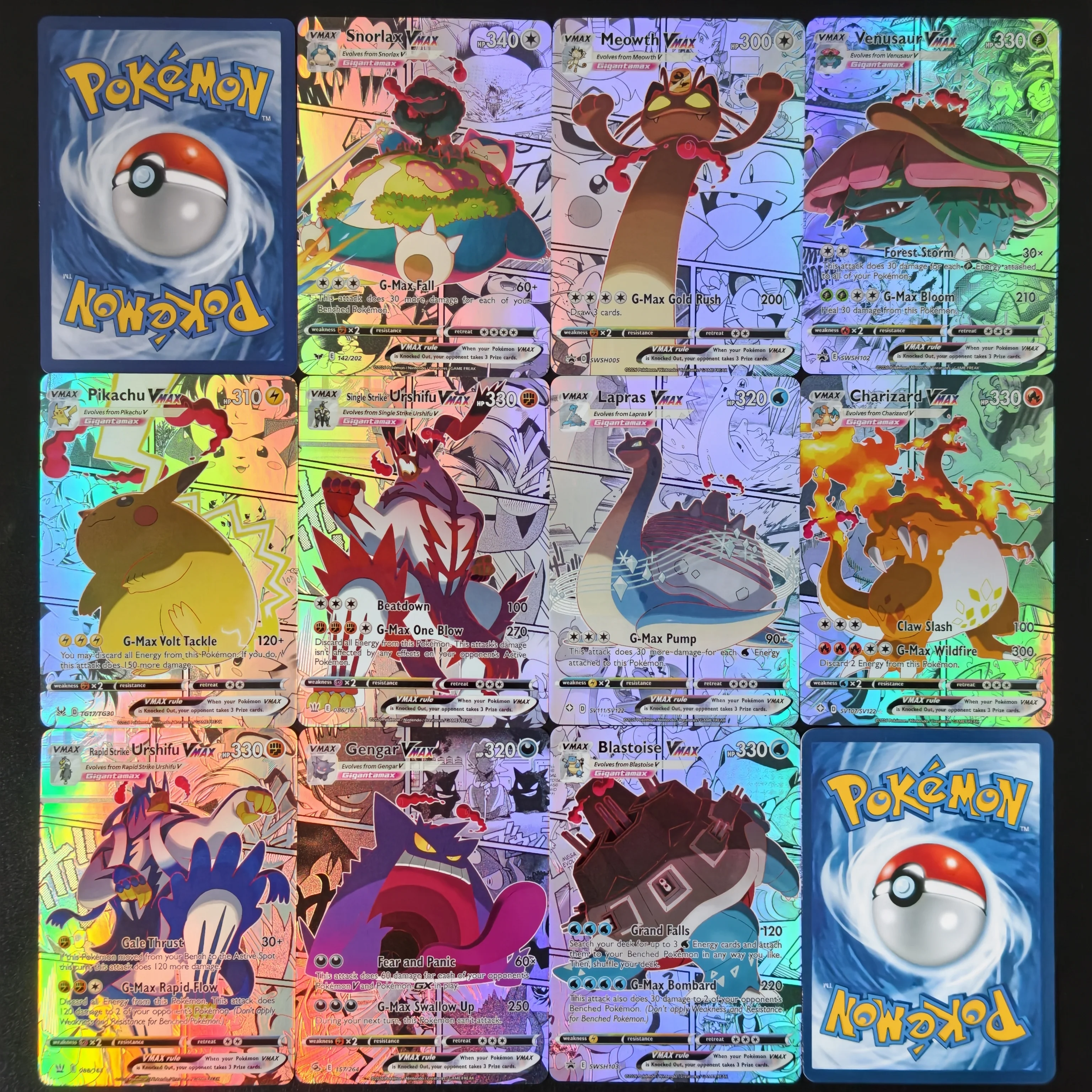 Proxy TCG Card English Vmax Series Collection Card Snorlax Meowth Gengar Blastoise Venusaur  VMAX Holo Texture Card