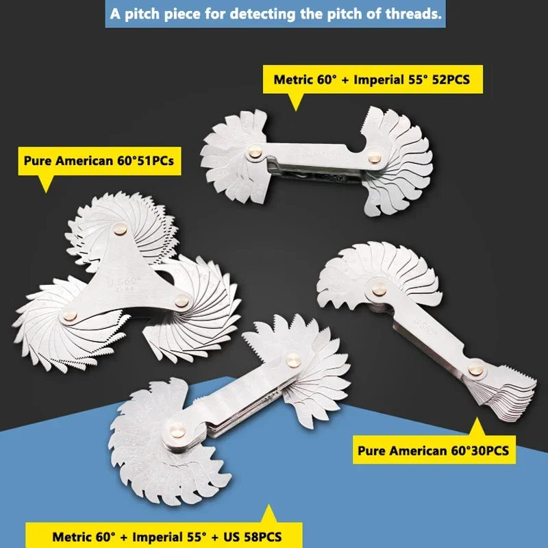 52/58PCS Thread Plug Gauge 55/60 Degree Metric Inch Gear Tooth Screw Pitch Gauges Measurement Steel Thread Gage Measuring Tools