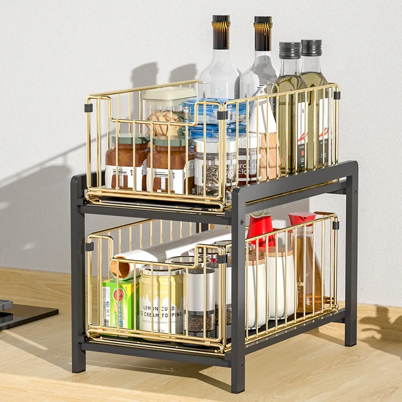 Suitable for Double lower sink rack, cabinet, drawer type retractable countertop, daily necessities, seasonings, storage rack, A