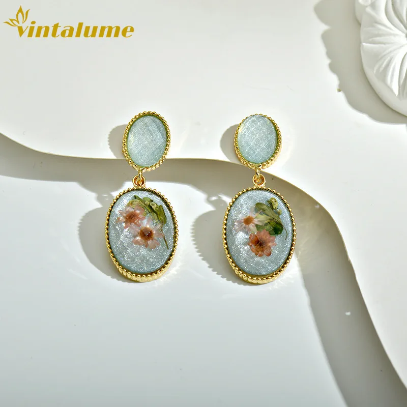 

Vintalume Vintage Dried Flower Drop Earrings For Women Gold Oval Resin Dangle Earrings Boho Floral Statement Jewelry Party Gift