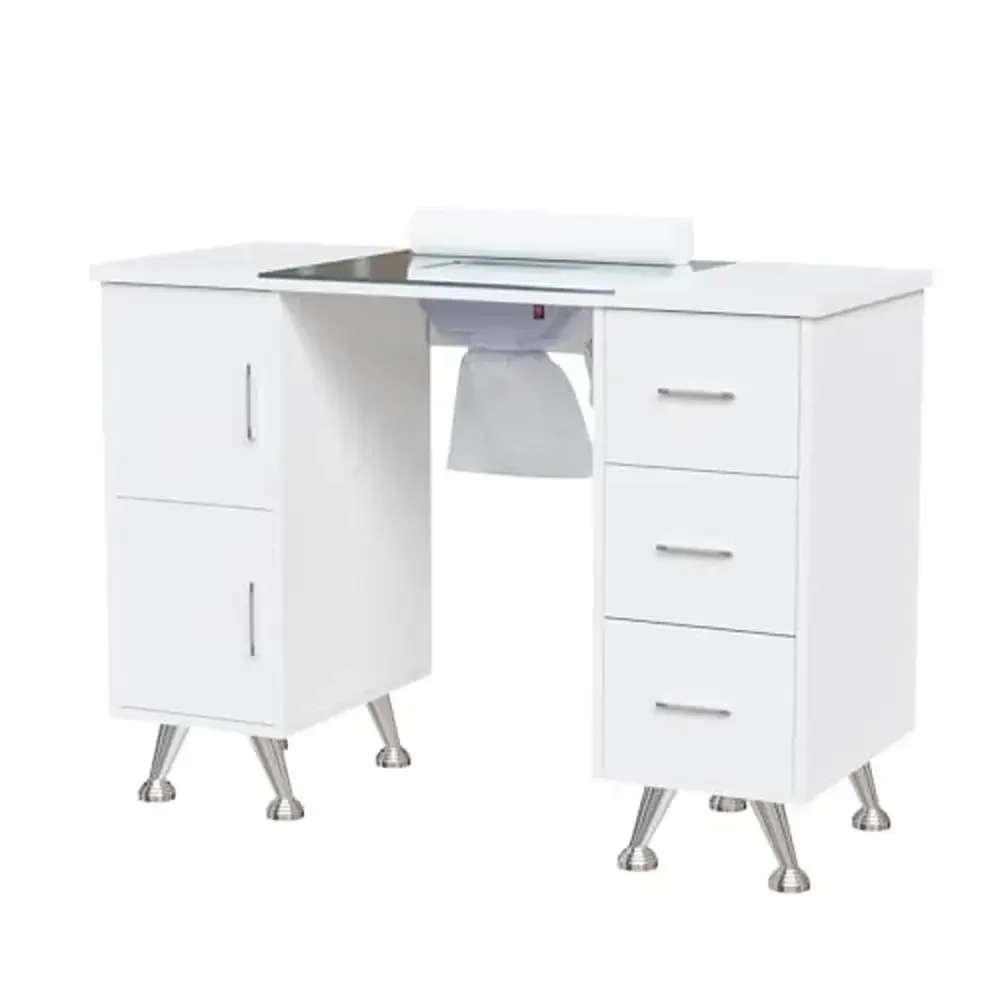 Nail Desk with Glass Top & Dust Collector Salon Workstation Storage Beauty Table Ergonomic Design Multi-use Manicure Desk