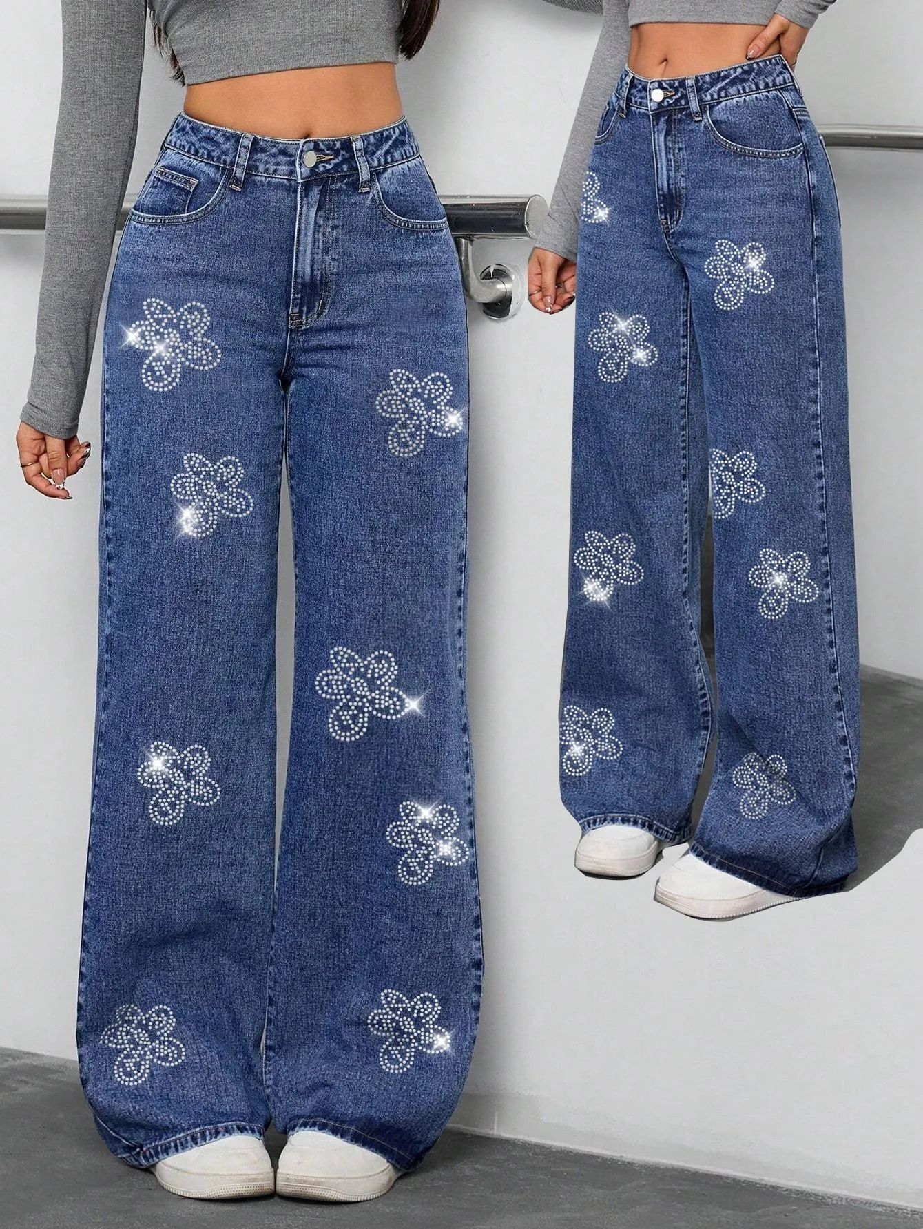 

Autumn Women's Clothing Baggy Jeans Streetwear High Waist Long Pants Cotton Denim Loose Straight Leg Y2K Embellished Floral