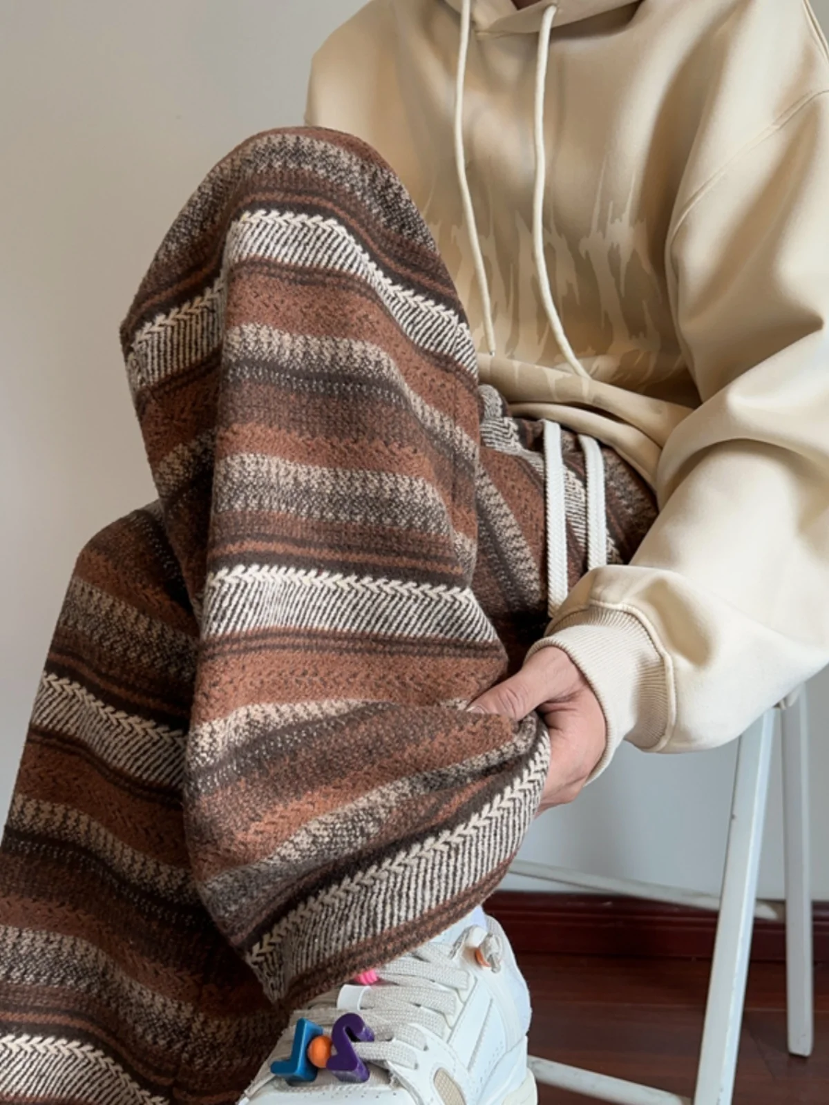 

Винтажные вязаные мужские спортивные брюки, повседневные полосатые свободные длинные брюки, весенне-осенняя сезонная одежда, удобные шерстяные брюки