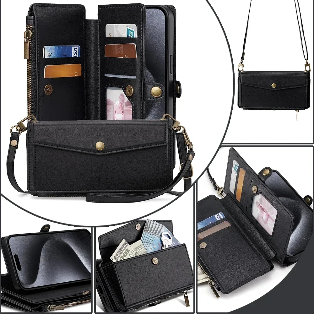 Card Slots Wallet Crossbody Case For Xiaomi Mi Note 10 Ultra 11 Lite Youth Pro 11X 11T 10T 10i 10S 11i Book Cover Cards Lanyard