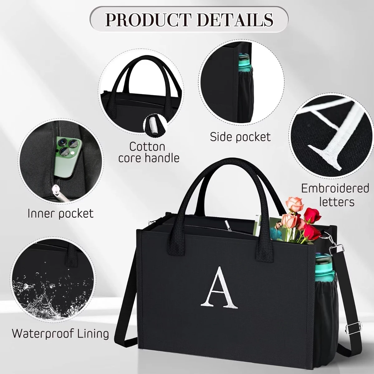 Canvas Tote Bag Set With Letter Embroidery Large Waterproof Shoulder Shopping Bag