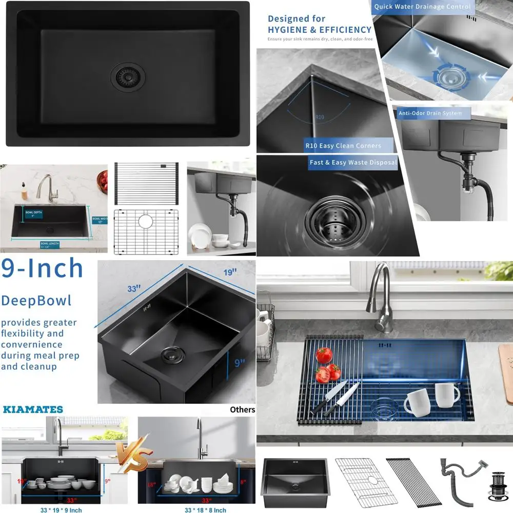 

Stainless Steel 33-inch Black-Grey Single Bowl Undermount Kitchen Sink with Accessories