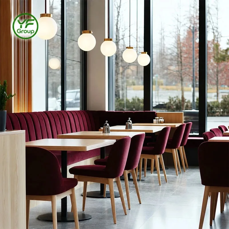 American Style Modern Commercial Velvet Booth Seating Fast Food Solid Wood Table and Chair Sets for Hotel Restaurant Furniture