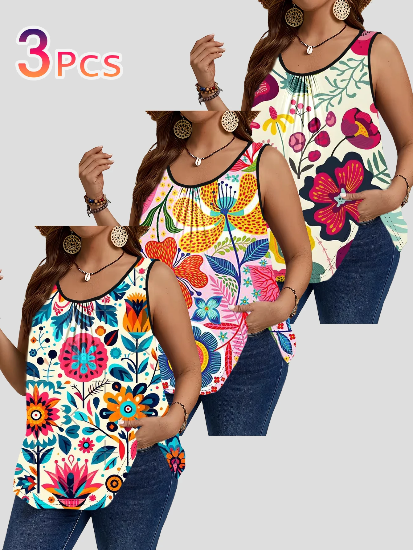 3-Piece Set of Plus-Size Sleeveless Vests｜Mexican Folk Style Colorful Geometric Floral Print Loose-Fitting Round-Neck Casual Outerwear Top