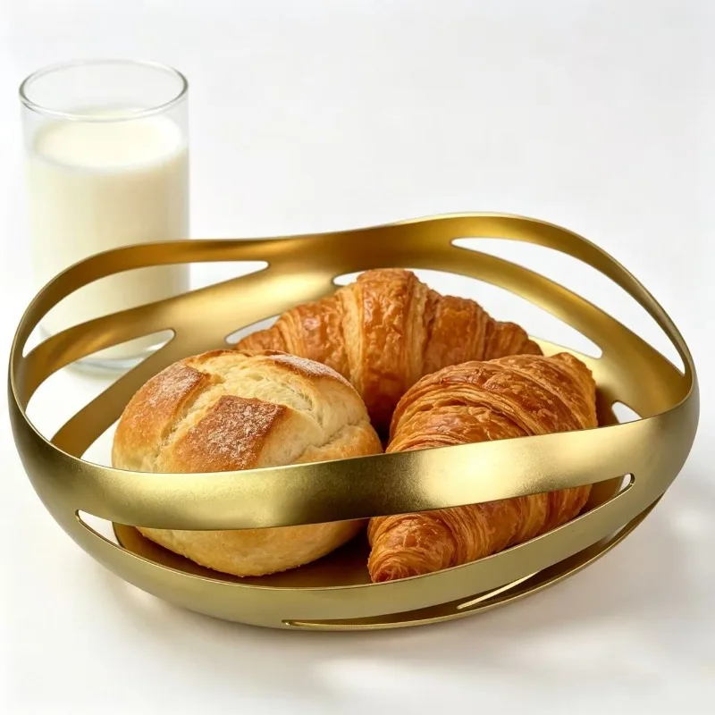 Gold hollow fruit basket Nordic style light luxury bread basket Home living room dining table basket Creative decorative plate