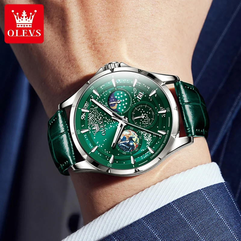 OLEVS 2023 New Men Watch Fashion Starry Sky Dial Design Multifunctional Quartz Watch Green Leather Strap Relogio Masculino 5538