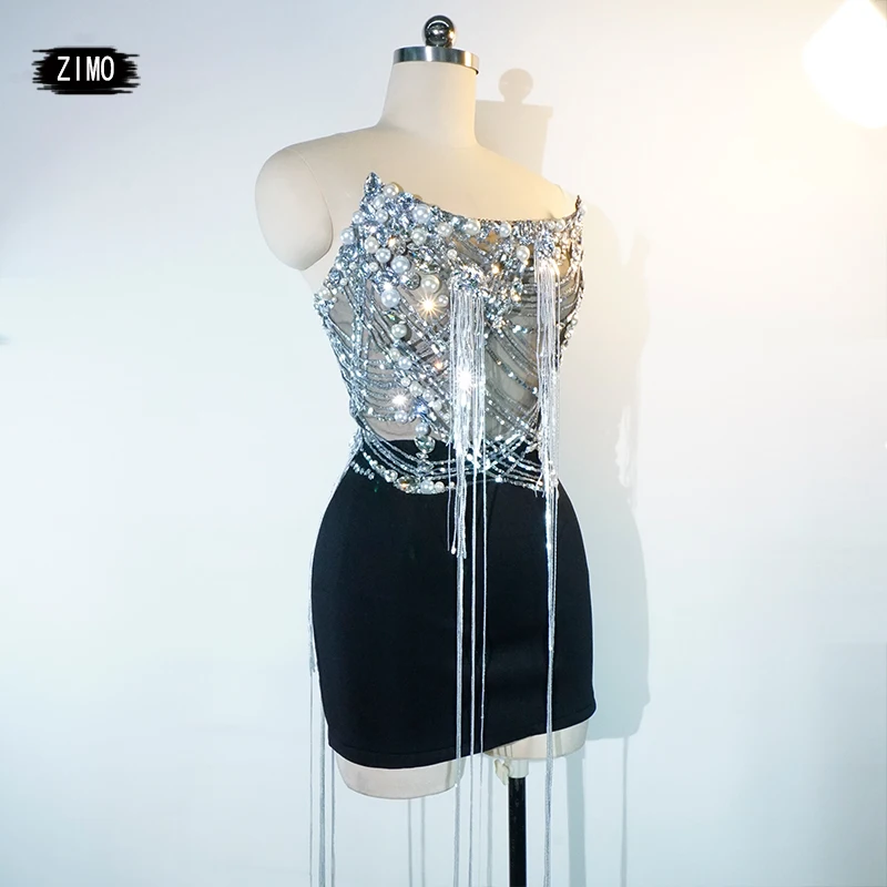 2024 new 2 piece suit black Dress sequin pearl ​crystal tassel Sexy Stage Celebrate birthday DS club party pole dance clothing