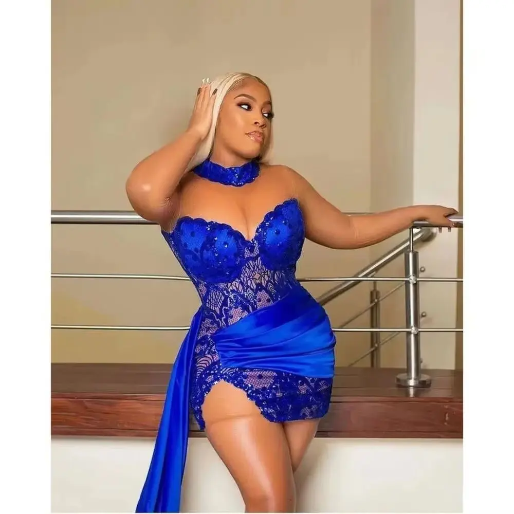 Sexy Royal Blue Short Prom Dresses African Plus Size Sheer Long Sleeves Evening Gowns Satin Sweep Train High Low Formal Party Dr