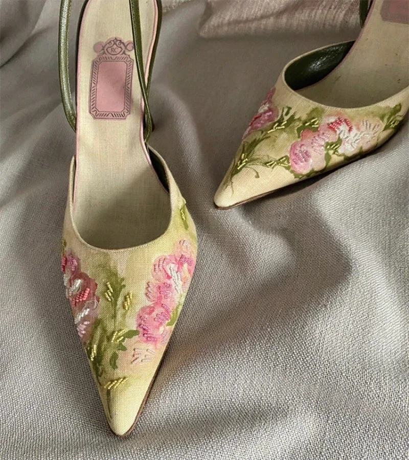 Embroidered High Heel Sandals Women Elegant Slingback Sandals Summer 2025 Pointed Toe Pumps Dress Shoes Women Zapatos De Mujer