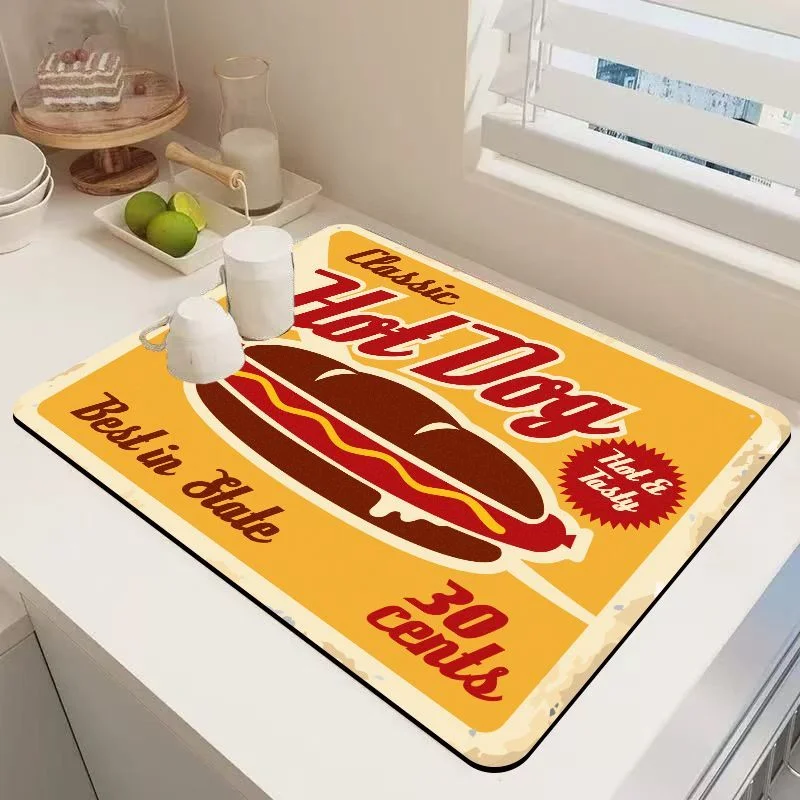 VIKAMA Retro Fast Food Sign Drying Mat Super Absorbent Anti Slip Heat Resistant Kitchen Counter Table Draining Protector Pad