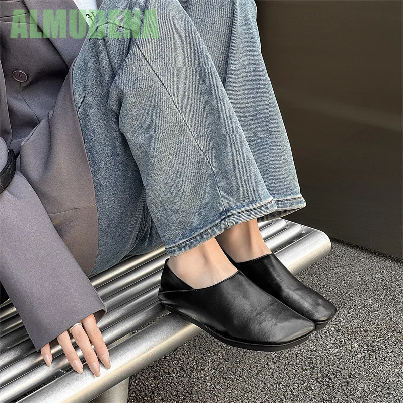 Flat Bottomed Half Slippers Simple One Foot Kick Toe Leather Face Round Toe Fashionable Casual and Comfortable Flat Shoes