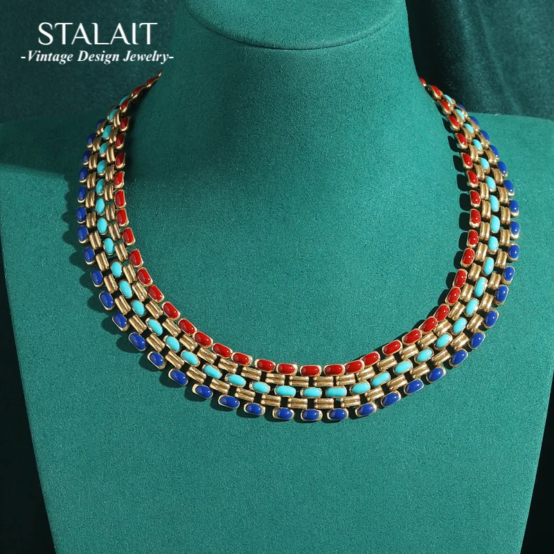 

Vintage Jewelry Choker Necklaces Elegant Palace Gold Color Enamel Colored Watch Chain Woman Charms Antique Luxury Designer Party