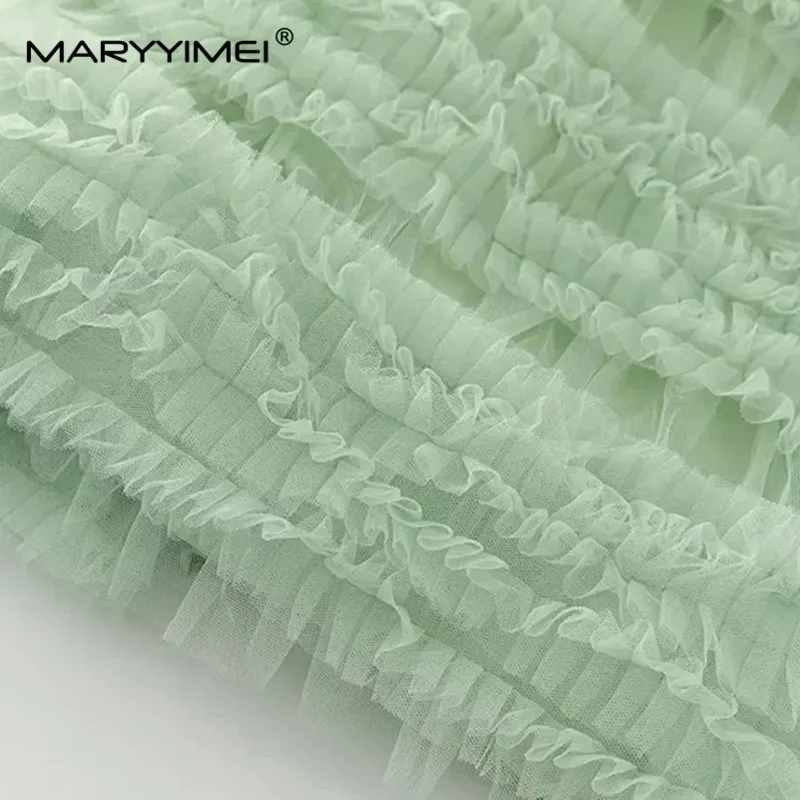 MARYYIMEI Fashion Designer dress Summer Women Dress Solid Color Square Collar Net Yarn Cascading Flounces Big Swing Long Dress