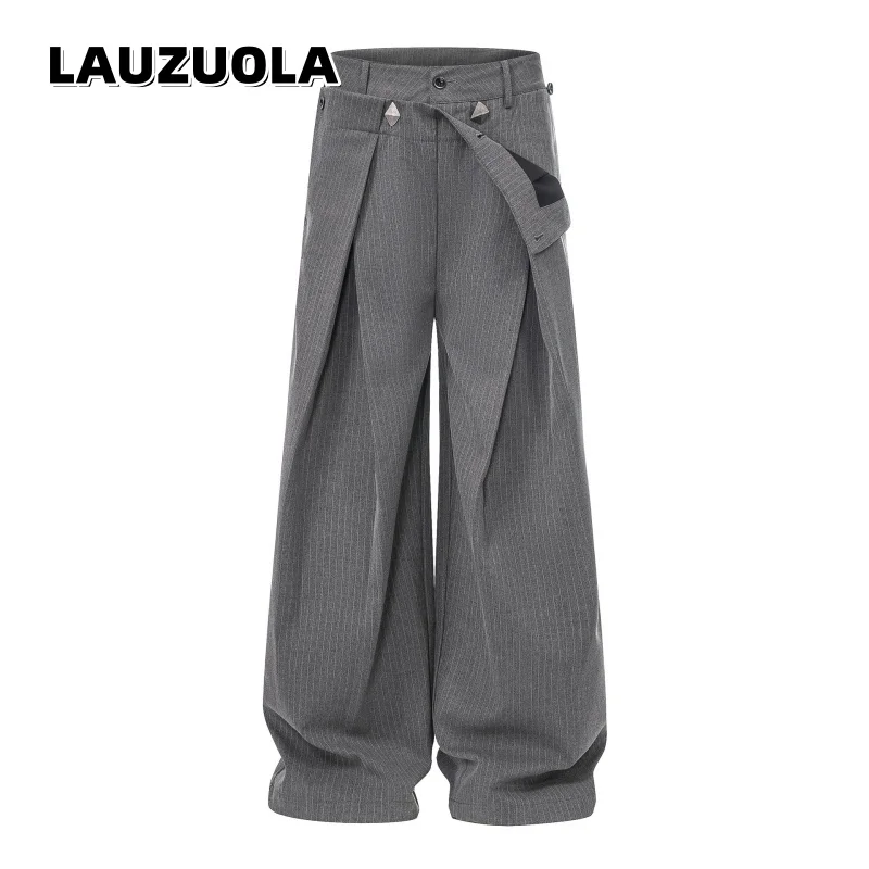 Harajuku Grey Pinstripe Baggy Suit Pants Men Women High Waist Irregular Waist Wide Leg Trousers
