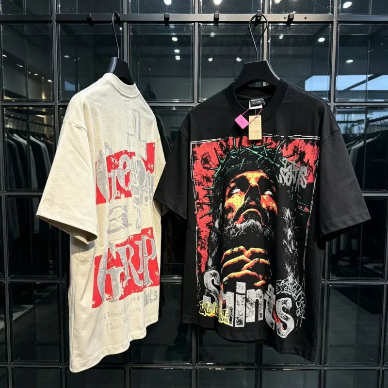 Vintage Graffiti Faded Worn Thorn Jesus Holding Cross Saint Tshirts Hip Hop Street Men Women Cotton Round Neck Short Sleeve Tops