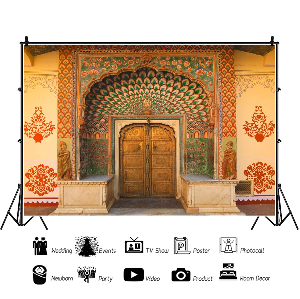 Laeacco Indian Jaipur City Palace Gate Photography Background Ancient Architectural Relics Religious Believers Portrait Backdrop