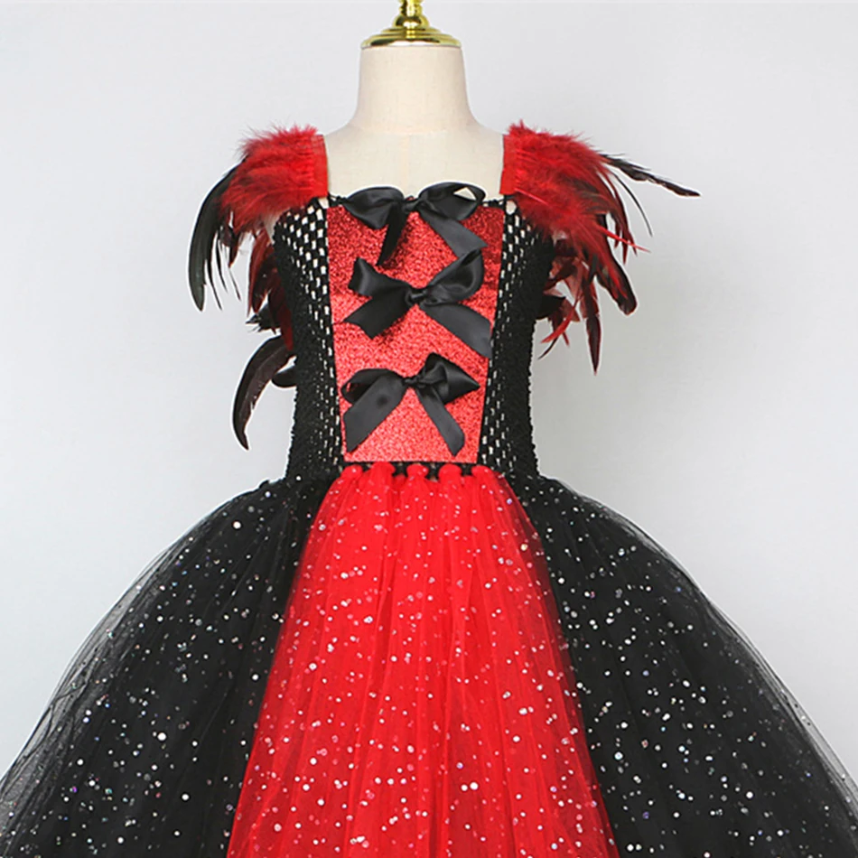 Disney Malévola Role Play Traje para Crianças, Bela Adormecida Vestido Cosplay, Malha de Luxo, Preto e Vermelho Frocks, Roupas Halloween