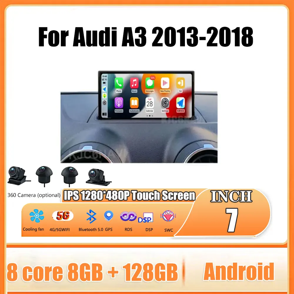 7 Inch For Audi A3 2013-2018 Android 14 Touch Screen Car Accessories Auto Carplay Monitors Multimedi Audio Video Radio Player