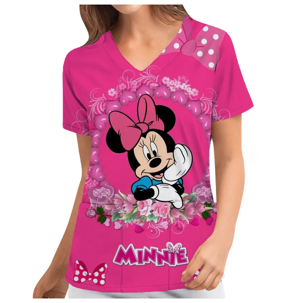 3D Disney Mickey Mouse Print Scrub Tops Women Short Sleeve V-neck Tops Nurse Uniform Cartoon Print Working Blouse Ladies uniform