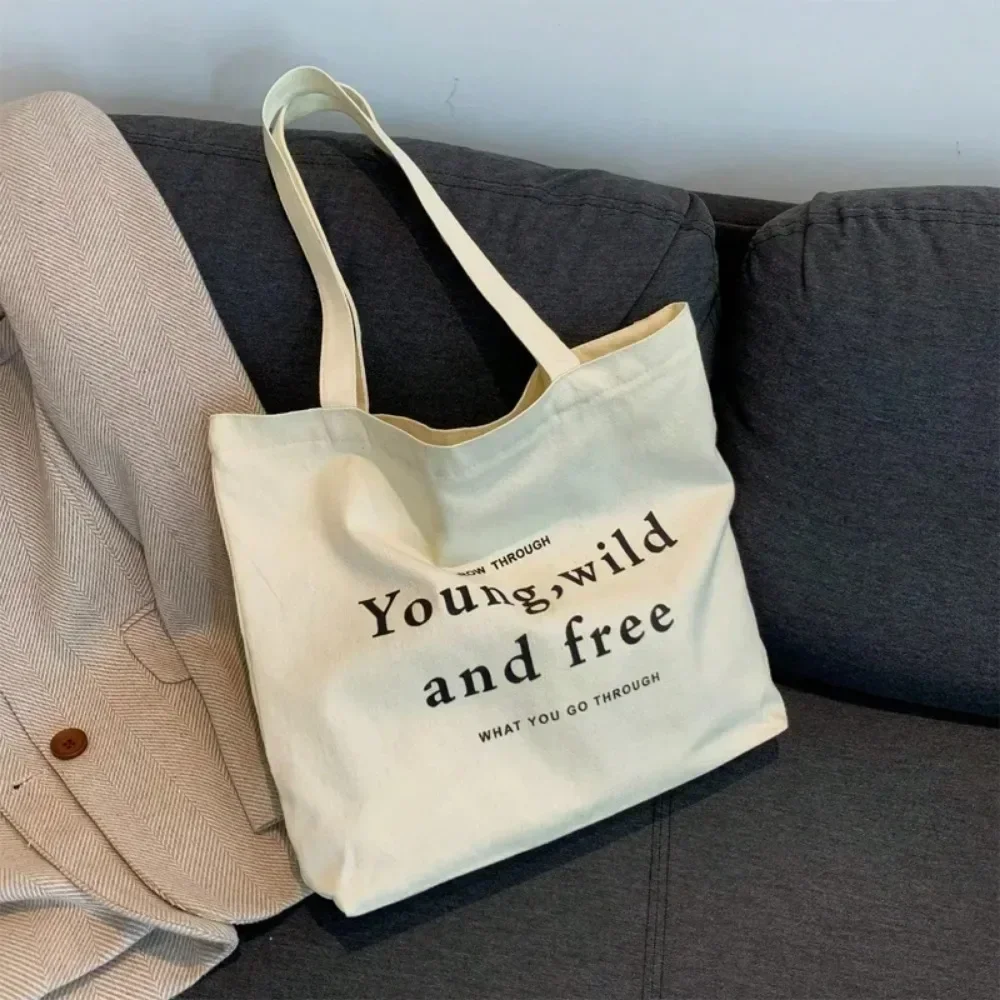 Women Canvas Bag Large Capacity Art White Shopping Bags Purses Tote Bag Commuter Literary Retro Letter Fashionable Shoulder Bags