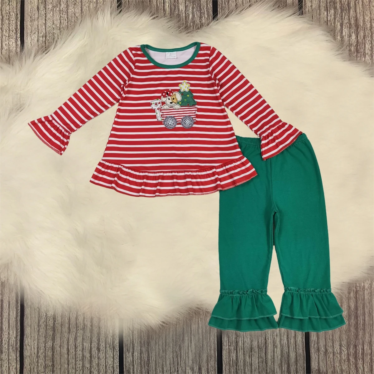 

Toddler Long Sleeves Embroidery Tunic Cotton Green Pants Children Outfit Baby Girl Clothing Kids Christmas Set Wholesale