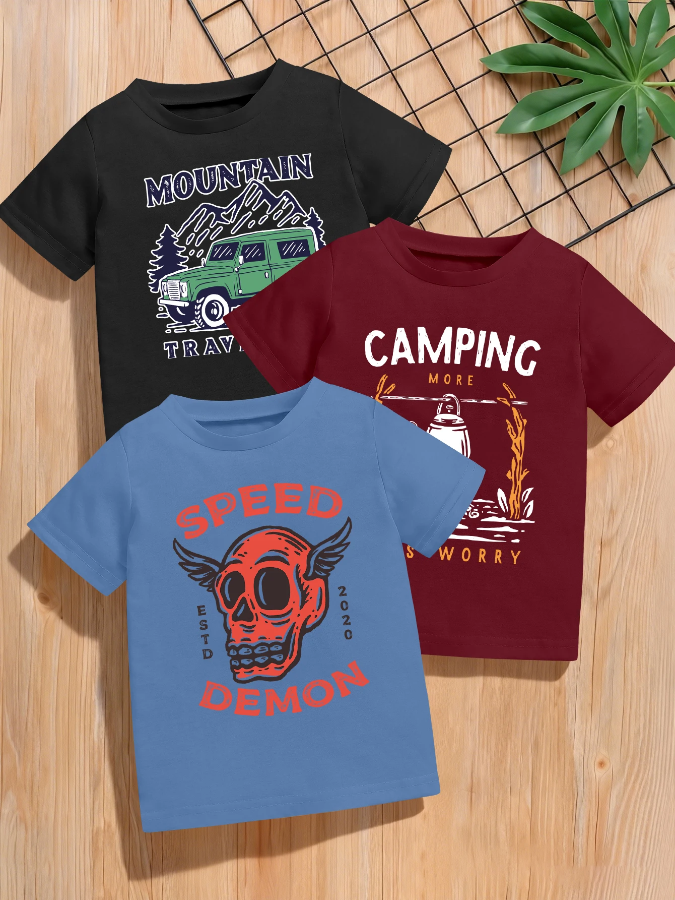 

3 предмета: летние повседневные футболки для мальчиков с принтом в виде крылатого черепа и внедорожника.