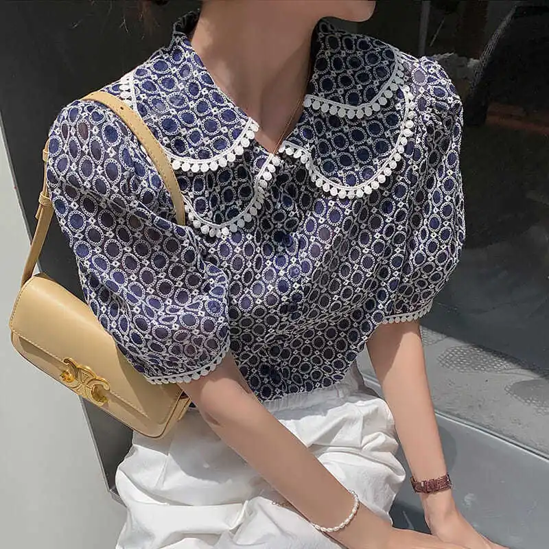 

2024 Women's Summer Suit Peter Pan Collar Age Reduction Top Hong Kong Winds Short Sleeve Vintage Contrast Color Thin Pullovers