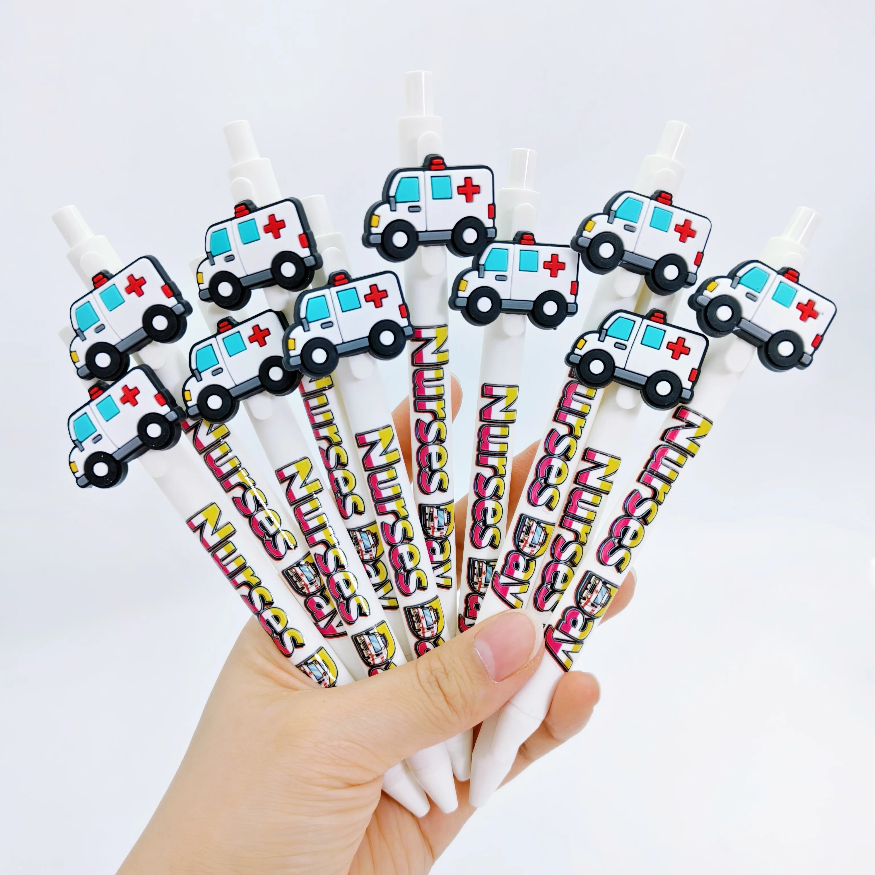 

10pcs/20pcs Ambulance Ballpoint Pen Creative White Design Ambulance Pattern Ballpoint Pen Daily Office Writing Press Pen