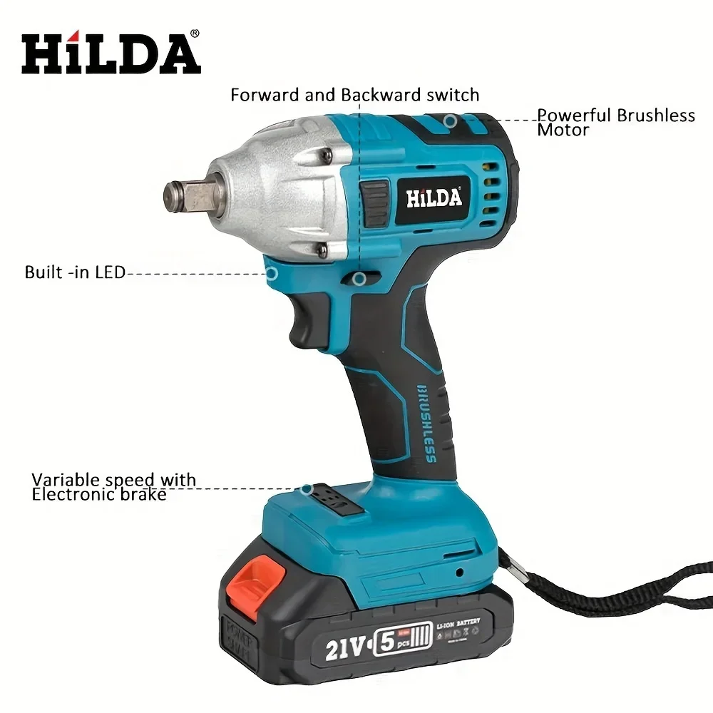 HILDA  21V Brushless Electric Impact Wrench 1/2 inch Screwdriver Cordless Wrench Power Tools  for Car Tiers