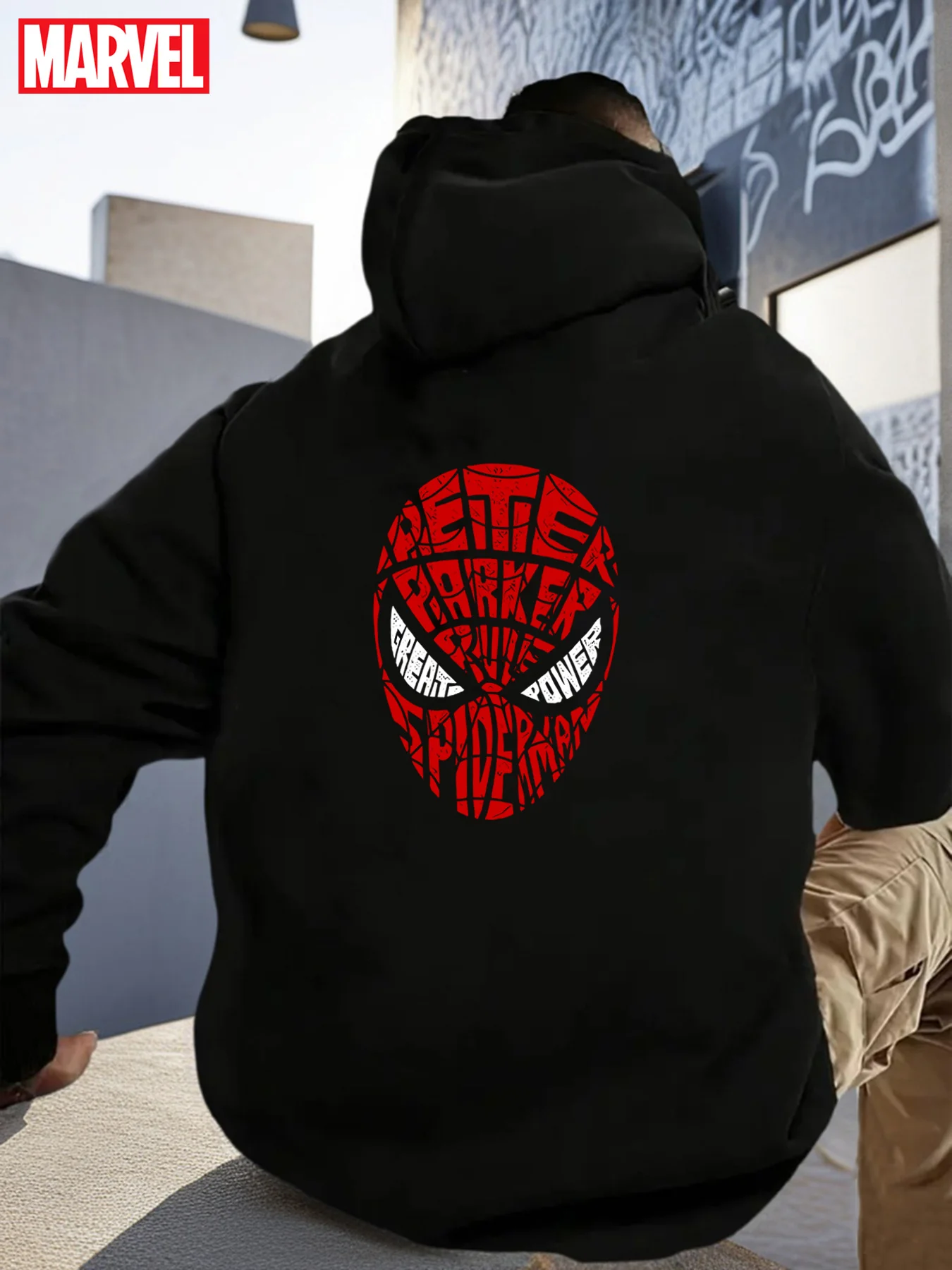 سويت شيرت بغطاء للرأس برسومات Spider-Man للرجال - طباعة قناع البطل الخارق مرخص رسميًا مع نص بيتر باركر وجيب الكنغر