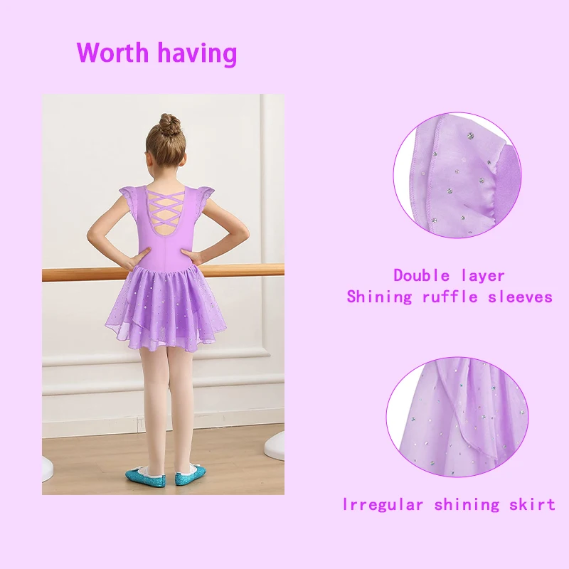 

Girls Shiny Ruffle Sleeve Ballet Leotard Toddler Crisscross Back shiny Dance Dress Suitable for children stage performances
