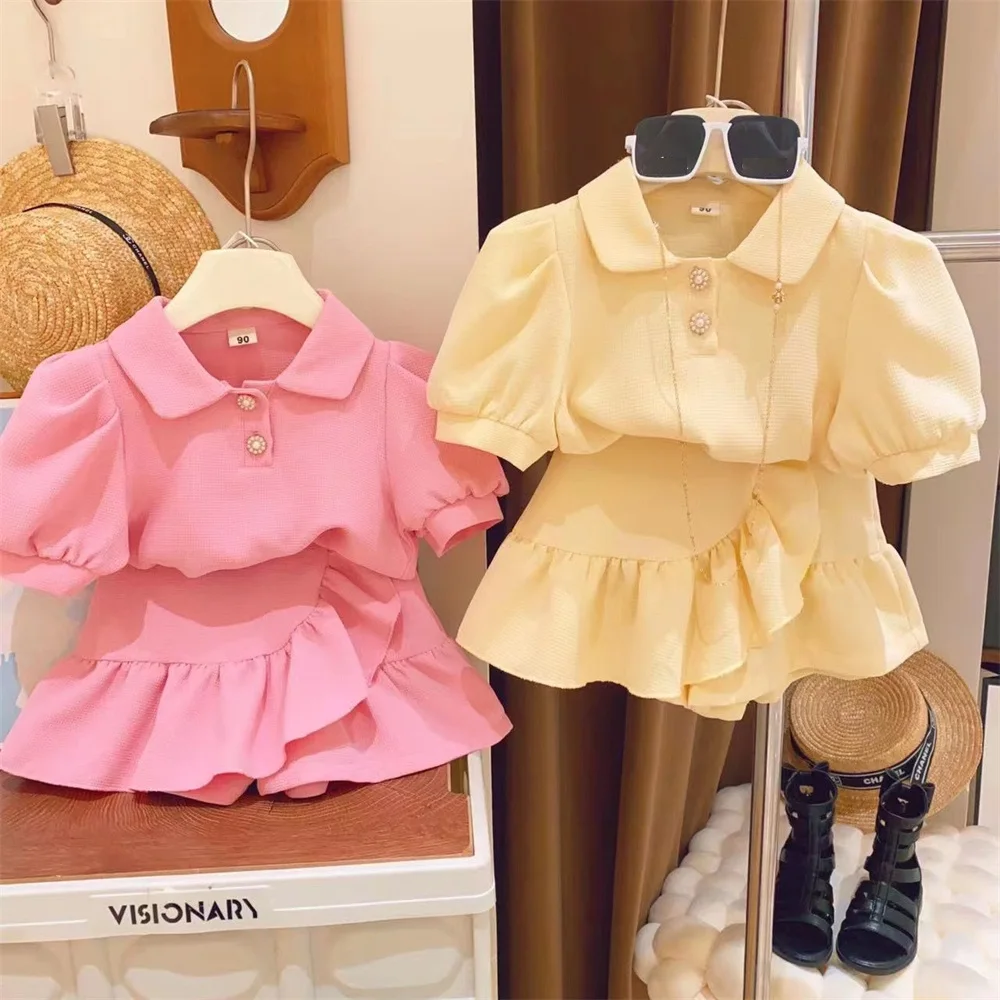 New Summer Girl Clothes 2PC/Set Top Shirt + Skirt Children Baby Kids Students Fashion 90-140 3-8 Year Fashion Lovely Solid