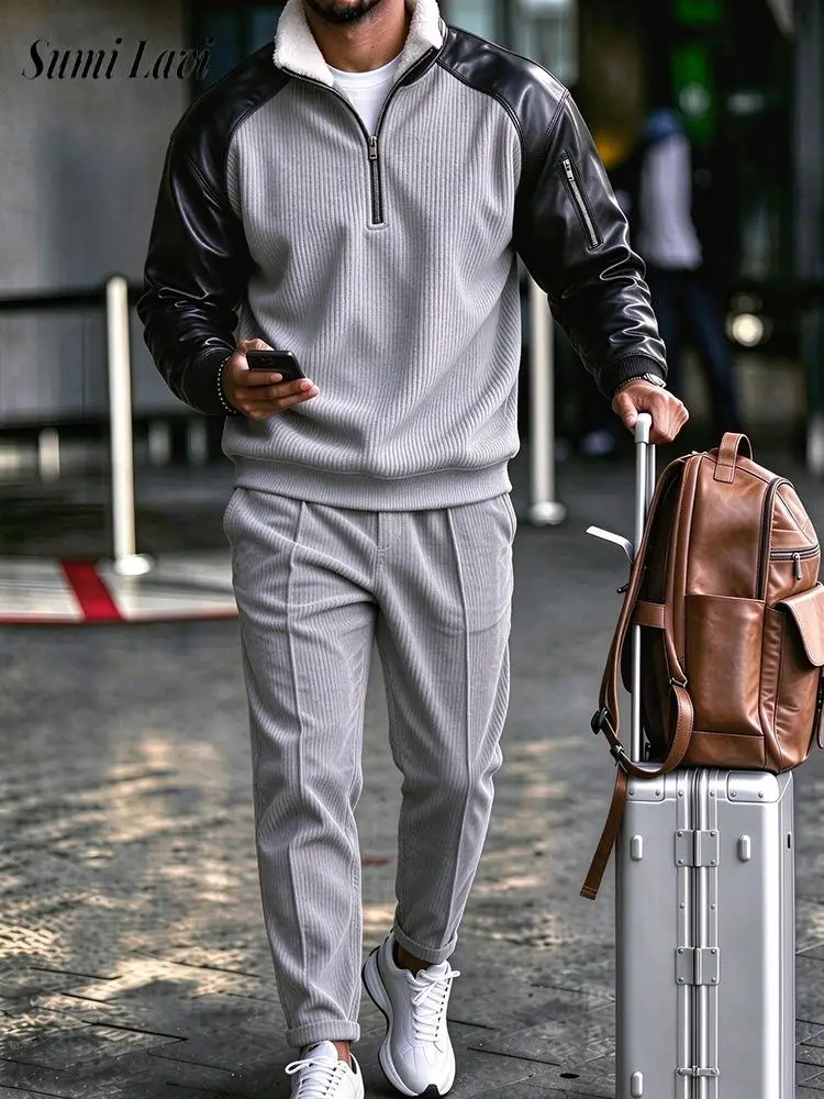 Vintage Contrast Color Two Piece Outfits Mens Fashion Corduroy Long Sleeve And Trousers Suits Fall Polo Shirts And Pants Sets