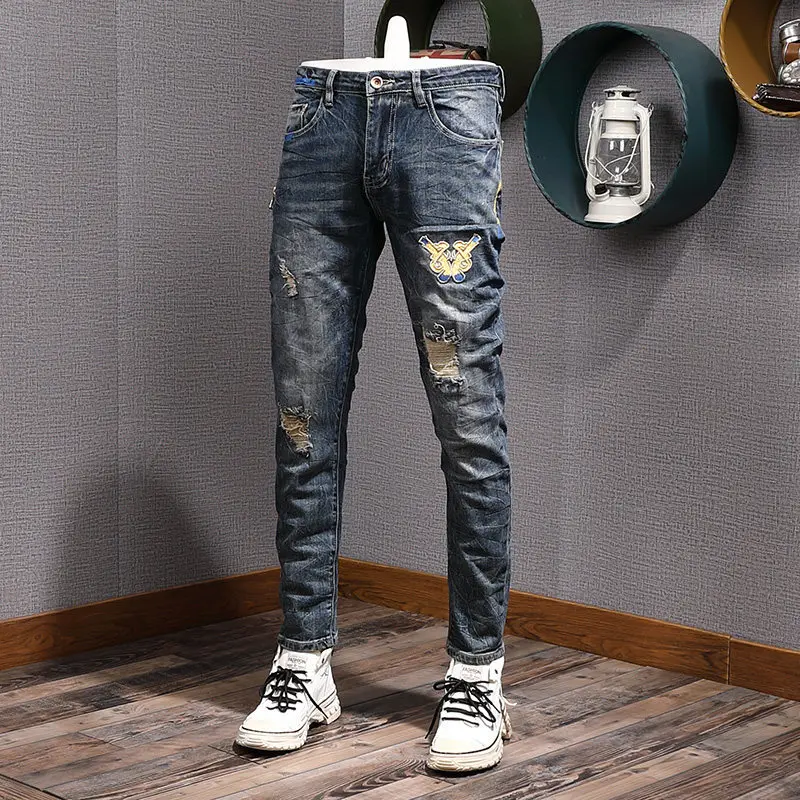 

Новые мужские джинсы в американском ретро-стиле 2026 года с вышивкой, брендовые, высококачественные, модные, облегающие, с узкими штанинами, длинные