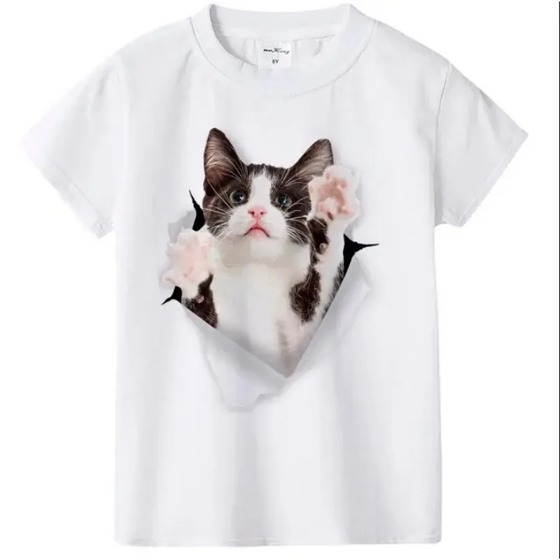 Manga curta 3D Cat Print T-shirt para crianças, marca de crianças fofas, roupas de bebê, tops de moda verão