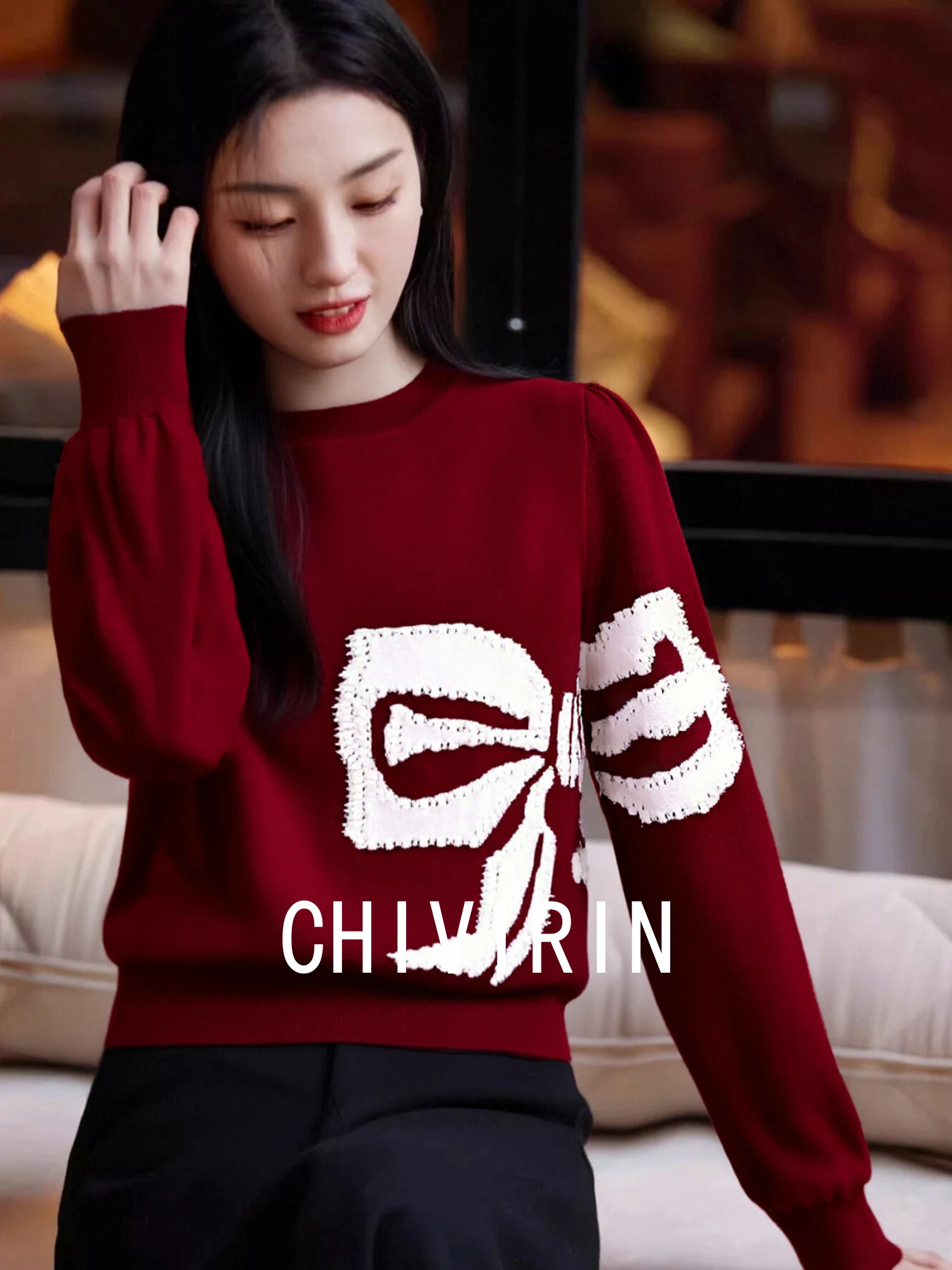 

Красный вязаный шерстяной свитер Chivirin с вышитым узлом для женщин, осенне-весенний, модный базовый слой