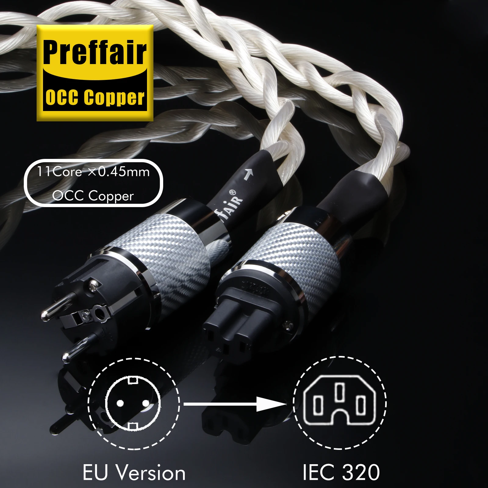 Preffair X402 Power Cable Carbon Fiber Rhodium Plating Plug 5N OCC Single Silver (99.9998%) for Audiophile Amplifier DAC Filter