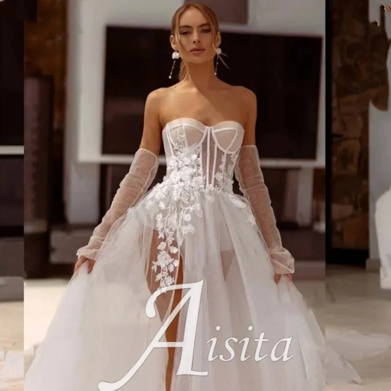 Una línea de vestidos de novia cariño personalizado encaje abertura lateral apliques moderno Formal nupcial 2024 Rode De Morrie