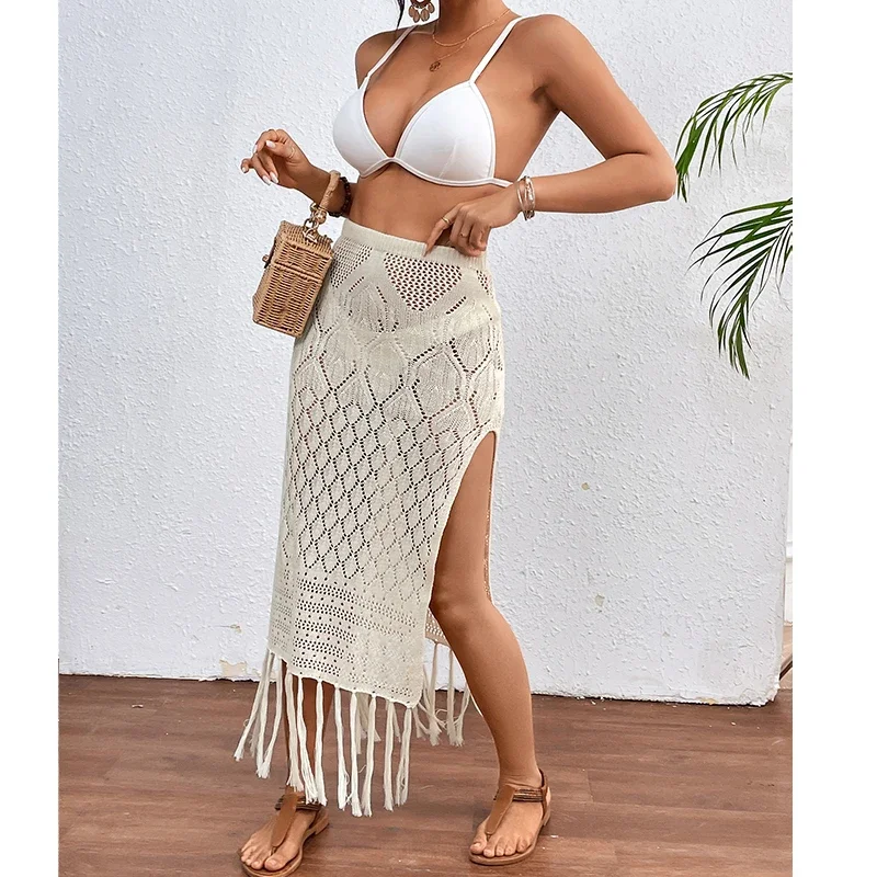 Frauen Gestrickte Textur Sarong Röcke Sexy Hohe Schlitz Quaste Cover-Up Strand Sommer Urlaub Eingewickelt Rock Bikini Cover Up