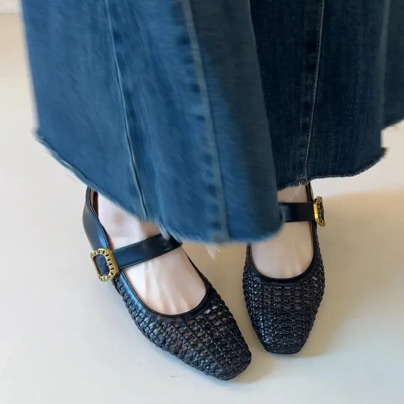 2026 Square Toe Woven Hollow Inside Heightened Jane Commuter One Word Belt Simple Korean Single Shoes Woman