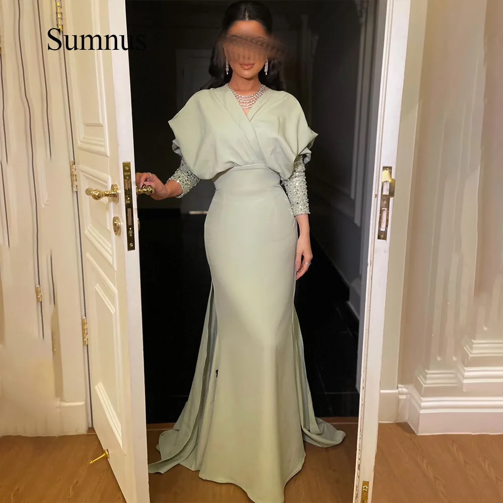 

Sumnus Saudi Arabic Mermaid Evening Dresses Sequins Long Sleeve Pleats Satin Long Celebrate Event Dress Dubai Prom Party Gowns